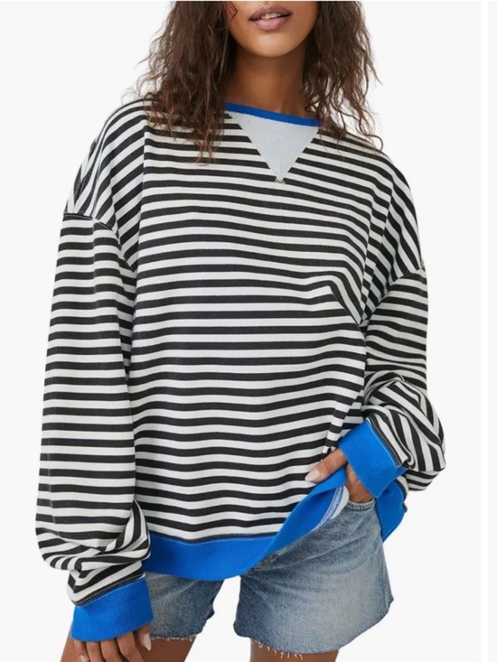 We The Free Sweaters - Free People Oversized Striped Black & White Sweatshirt with Blue Trim